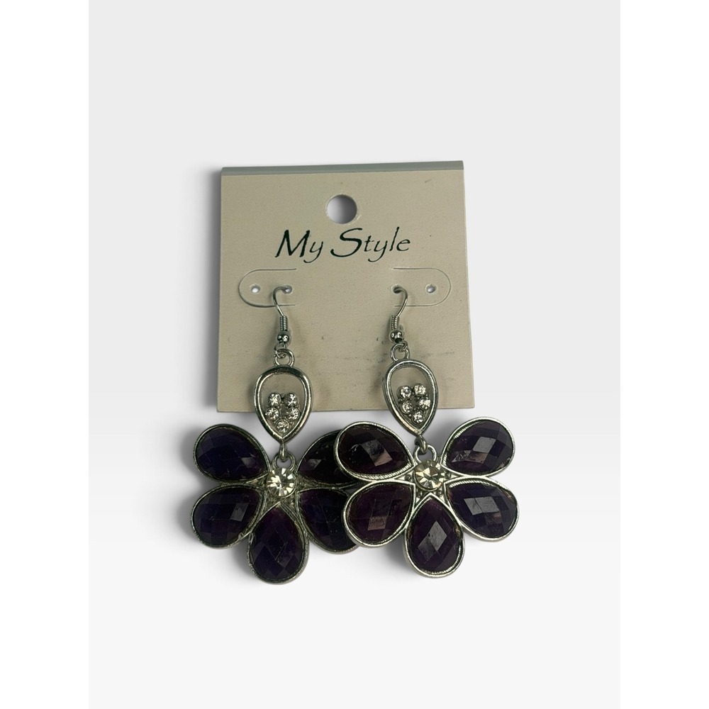 My Style Purple Flower Dangle Earrings Silver Tone Rhinestone Floral Drop Boho